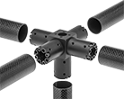 Image of ProductInUse. Front orientation. Exploded view. Slip-On Framing and Fittings. Carbon Fiber Slip-On Framing and Fittings, Connectors, Five-Way 90° Elbow.