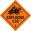 Image of Product. Front orientation. Labels. Hazardous Material Shipping Labels , Explosive 1.3C—1, Exploding Bomb Symbol.