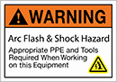 Image of Product. Front orientation. Labels. Illustrated Electrical Hazard Labels , Warning—Arc Flash and Shock Hazard Appropriate PPE and Tools Required When Working on This Equipment.