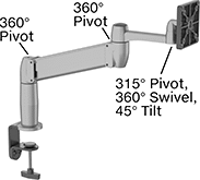 Image of Product. Clamp On. Front orientation. Contains Annotated. Monitor Mounts. Benchtop Monitor Mounts, Full Motion, Clamp-On Base.
