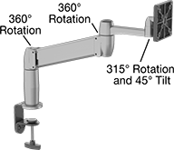 Image of Product. Front orientation. Contains Annotated. Positioning Arms. Bench-Mount Flat-Panel Monitor Positioning Arms , Clamp-On Bases with Plate Attaching End.