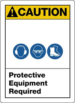 Image of ProductInUse. Shown with Stickers. Front orientation. Personal Protection Sign with Symbols, Adhesive-Backed, (Caution Protective...), 10" x 14".