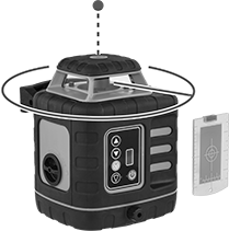 Image of Product. Green Laser with Magnetic Target. Front orientation. Contains Annotated. Laser Levels. 360° Sweeping-Line Automatic Leveling Laser Levels, Magnetic Target.