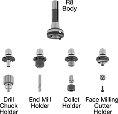 Image of System. Front orientation. Exploded view. Contains Annotated, MultipleImages. Milling Machine Tool Holders. Quick-Change Milling Machine Tool Holders.