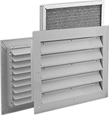 Image of Product. Front orientation. Exploded view. Louvers. Fixed-Blade Wall-Mount Louvers with Adjustable Register and Aluminum Filter.