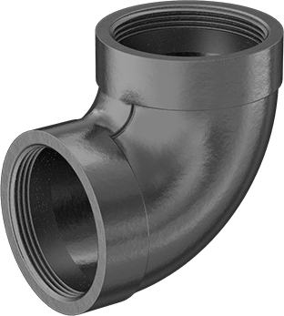 Image of Product. Front orientation. Medium-Pressure Galvanized Iron Pipe Fitting, 90 Degree Elbow Connector, 2 NPT Female.
