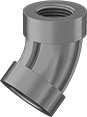 Image of Product. Female. Front orientation. Pipe and Fittings. Medium-Pressure Galvanized Iron and Steel Threaded Pipe Fittings, 45° Elbow Connectors, Threaded Fitting Connection, Female.