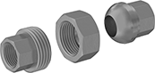 Image of System. Female. Front orientation. Exploded view. Pipe and Fittings. Medium-Pressure Galvanized Iron and Steel Threaded Pipe Fittings, Union Straight Connectors, Threaded Fitting Connection, Female, Hex Body.