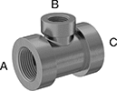 Image of Product. Female. Front orientation. Contains Annotated. Pipe and Fittings. Medium-Pressure Galvanized Iron and Steel Threaded Pipe Fittings, Inline Tee Reducers, Threaded Fitting Connection, Female.
