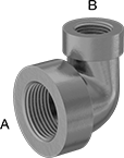 Image of Product. Female × Female. Front orientation. Contains Annotated. Pipe and Fittings. Medium-Pressure Galvanized Iron and Steel Threaded Pipe Fittings, 90° Elbow Reducers, Female, Threaded Fitting Connection.