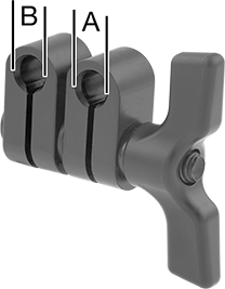 Image of Product. Front orientation. Contains Annotated. Swivel Variance Indicator Clamp, with 1 Wing Nut, Stainless Steel, 1/2" and 1/2" Diameter.