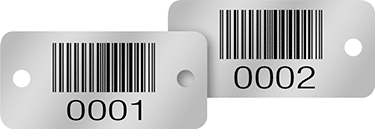 Image of Product. Front orientation. Bar Code Message Plates, Black Anodized Aluminum 1" High x 2" Wide.