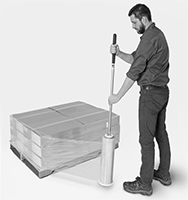 Image of ProductInUse. Front orientation. Stretch Wrap Dispensers. Handheld Stretch Wrap Dispensers , Long-Reach Handle.