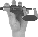 Image of ProductInUse. Left Hand. Front orientation. Outside Micrometers. 4-Way-Reading Digital Outside Micrometers.