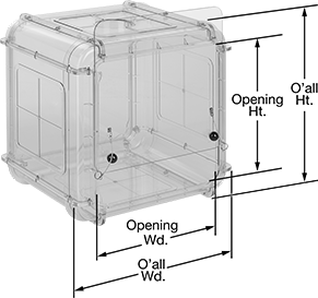 Image of Product. Front orientation. Contains Annotated. Fume Hoods. Polycarbonate with Adjustable Sliding Window.