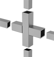 Image of ProductInUse. Cross. Front orientation. Exploded view. Weld-Together Framing and Fittings. Weld-Together Framing and Fittings, Cross Connectors.