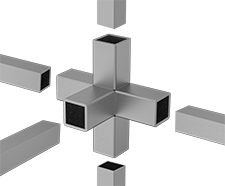 Image of ProductInUse. Five-Way Cross. Front orientation. Exploded view. Weld-Together Framing and Fittings. Weld-Together Framing and Fittings, Five-Way Cross Connectors.