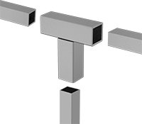 Image of ProductInUse. Front orientation. Exploded view. Weld-Together Framing and Fittings. Weld-Together Framing and Fittings, Tee Connectors.