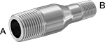 Image of Product. Male x Male. Front orientation. Contains Annotated. Pipe and Fittings. Thick-Wall Stainless Steel Threaded Pipe Nipples and Pipe, Pipe Reducers—Threaded on Both Ends, Male, Threaded Fitting Connection.