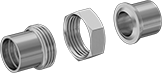 Image of System. Exploded View. Front orientation. Exploded view. Pipe and Fittings. Low-Pressure Brass and Bronze Braze-Socket Pipe Fittings, Union Straight Connectors, Braze Socket Female, Hex Body.