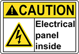 Image of Product. Front orientation. Signs. Illustrated Electrical Hazard Signs, Caution—Electrical Panel Inside (English)—Yellow Header.