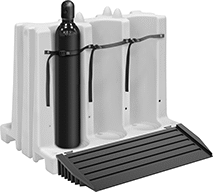 Image of ProductInUse. Plastic Rack with Fabric Straps (Ramp Sold Separately). Front orientation. Cylinder Racks. Cylinder Racks with Forklift Entry, Plastic, Strap.