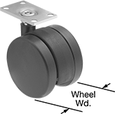 Image of Product. Front orientation. Contains Annotated. Without Bearing. Light Duty Furniture Casters with Nylon Wheels, Swivel.