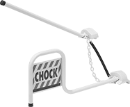 Image of Product. Double Chock with Red/White Flag. Front orientation. Railcar Wheel Chocks. Double Chock, Railcar Wheel Chocks with Red/White Flag.