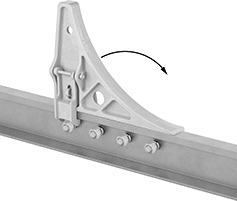 Image of ProductInUse. Foldable Wheel Stop Shown on Rail. Front orientation. Contains Annotated. Railcar Wheel Stops. Railcar Wheel Stops, Foldable.