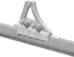 Image of ProductInUse. Wheel Stop Shown on Rail (Sold in Pairs). Front orientation. Railcar Wheel Stops. Railcar Wheel Stops, Not Foldable.