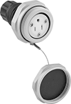 Image of Product. Front orientation. Power Connectors. Vibration-Resistant Washdown Straight-Blade Connectors, Sockets with Attached Cover.
