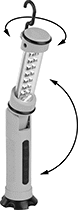 Image of Product. Front orientation. Contains Annotated. Portable Work Lights. Pivoting-Head Cordless Portable Work Lights, Style F.