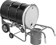 Image of ProductInUse. Shown in Dispensing Position. Front orientation. Drum Trucks. Steel Drum Dispensing Trucks.