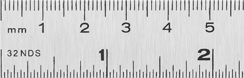 Image of Product. Inch/Metric, Left to Right. Front orientation. ZoomedIn view. Lightweight Aluminum Ruler, 6"/15 cm Long, Left to Right, mm and 32nds Graduation Marks.
