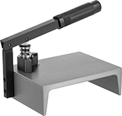 Image of Product. Cutting Base shown with a Corner Punch. Front orientation. Sheet Metal Corner Punches. Cutting Bases.