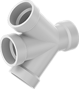 Image of Product. Front orientation. Pipe and Fittings. Drain, Waste, and Vent Standard-Wall PVC Pipe Fittings for Water, Double Wye Connectors, Cement Socket Female.