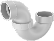 Image of Product. Front orientation. Pipe Traps. Aboveground Standard-Wall PVC Pipe Traps for Drain, Waste, and Vent, Union 270° Bend Connectors, Female Socket Connect.
