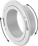 Image of Product. Flat Surface on Back. Back orientation. Contains Annotated. Pipe and Fittings. Drain, Waste, and Vent Standard-Wall PVC Pipe Flanges for Water, Rotating Flanges, Cement Socket Female, Flat Surface.
