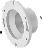 Image of Product. Flat Surface on Back. Back orientation. Contains Annotated. Pipe and Fittings. Drain, Waste, and Vent Standard-Wall PVC Pipe Flanges for Water, Reducing Flanges, Cement Socket Female, Flat Surface.