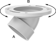 Image of Product. Female. Front orientation. Contains Annotated. Pipe and Fittings. Drain, Waste, and Vent Standard-Wall PVC Pipe Flanges for Water, Rotating 45° Elbow Reducing Flanges, Cement Socket Female, Flat Surface.