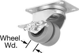 Image of Product. Swivel with Brake. Front orientation. Contains Annotated. Casters. Low-Profile Casters with Rubber Wheels, 2 Wheels, Swivel with Brake.