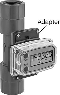 Image of Product. Shown with 90° Display Adapter Kit. Front orientation. Contains Annotated. Flowmeter/Totalizer with PVC Body, 3/4 NPT Female, 2 to 20 gpm, with NIST Certificate.
