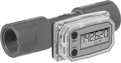 Image of Product. Front orientation. Flowmeter/Totalizer with PVC Body, 3/4 NPT Female, 2 to 20 gpm, with NIST Certificate.