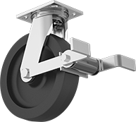 Image of Product. Swivel with Brake. Front orientation. Swivel Casters. High-Capacity Spartan Casters with Polyurethane Wheels, Wheel Brake.