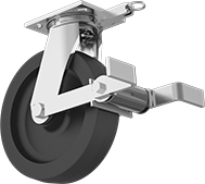 Image of Product. Swivel with Brake and Swivel Lock. Front orientation. Swivel Casters. High-Capacity Spartan Casters with Polyurethane Wheels, Wheel Brake, Swivel Lock.