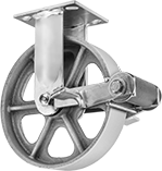 Image of Product. Rigid with Brake. Front orientation. Rigid Casters. High-Capacity Spartan Casters with Metal Wheels, Wheel Brake.