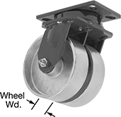 Image of Product. Dual-Wheel Swivel. Front orientation. Contains Annotated. Casters. Extra-High-Capacity Compact Alliance Casters with Metal Wheels, 2 Wheels, Swivel.
