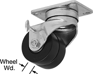 Image of Product. Dual-Wheel Swivel with Brake. Front orientation. Contains Annotated. 2 Wheels. Cart-King Casters with Polyurethane Wheels, Swivel with Brake.