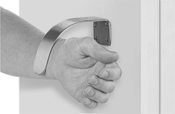 Image of ProductInUse. Arm Pull Handle (Shown Mounted on Door). Front orientation. Pull Handles and Knobs. Arm and Foot Pull Handles, Arm Pull Handles.