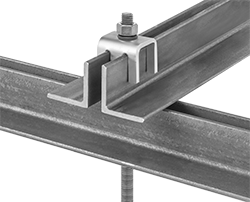 Image of ProductInUse. Shown with Two Pairs of Angles. Front orientation. Beam Clamps. Angle Iron Beam Clamps for Threaded Rods.